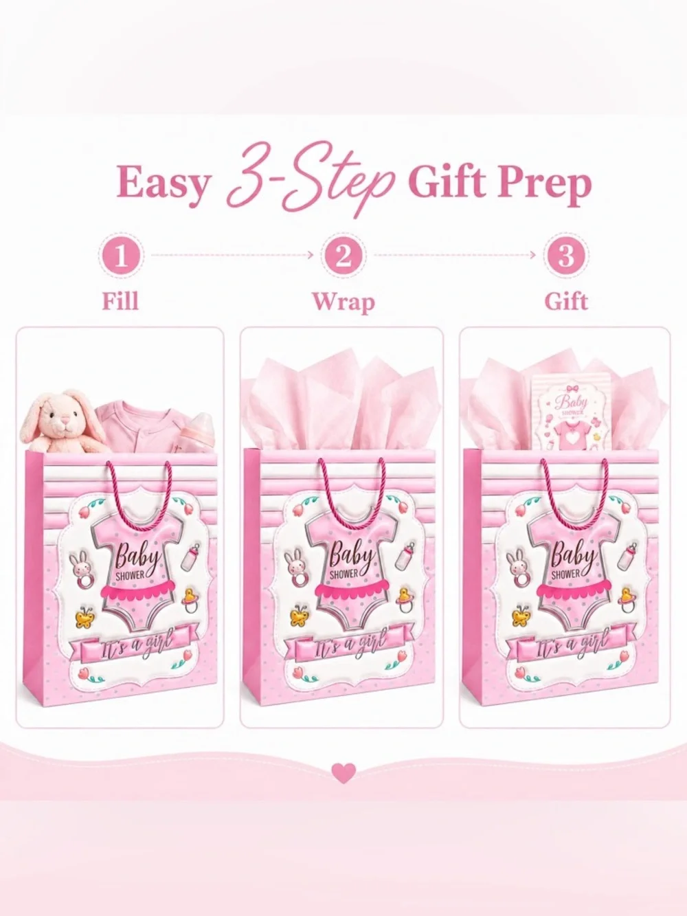 Baby Girl Foil Onesie Gift Bag – Pink Design with Tissue & Card